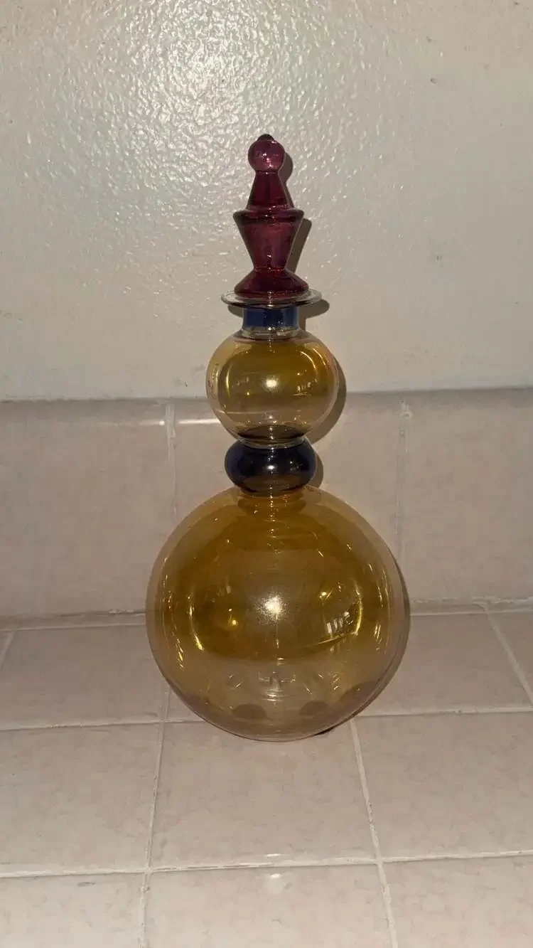Vintage Rainbow Glass Italian Amber and Blue Art Glass Decanter Burgundy Stopper